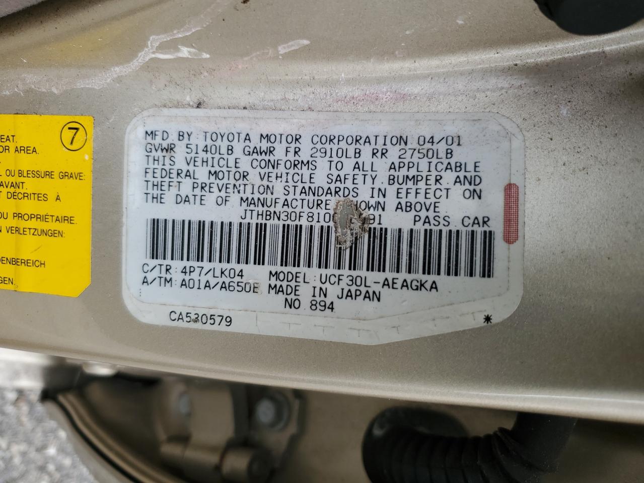 jthbn30f810038091 JTHBN30F810038091 2001 Lexus Ls 430