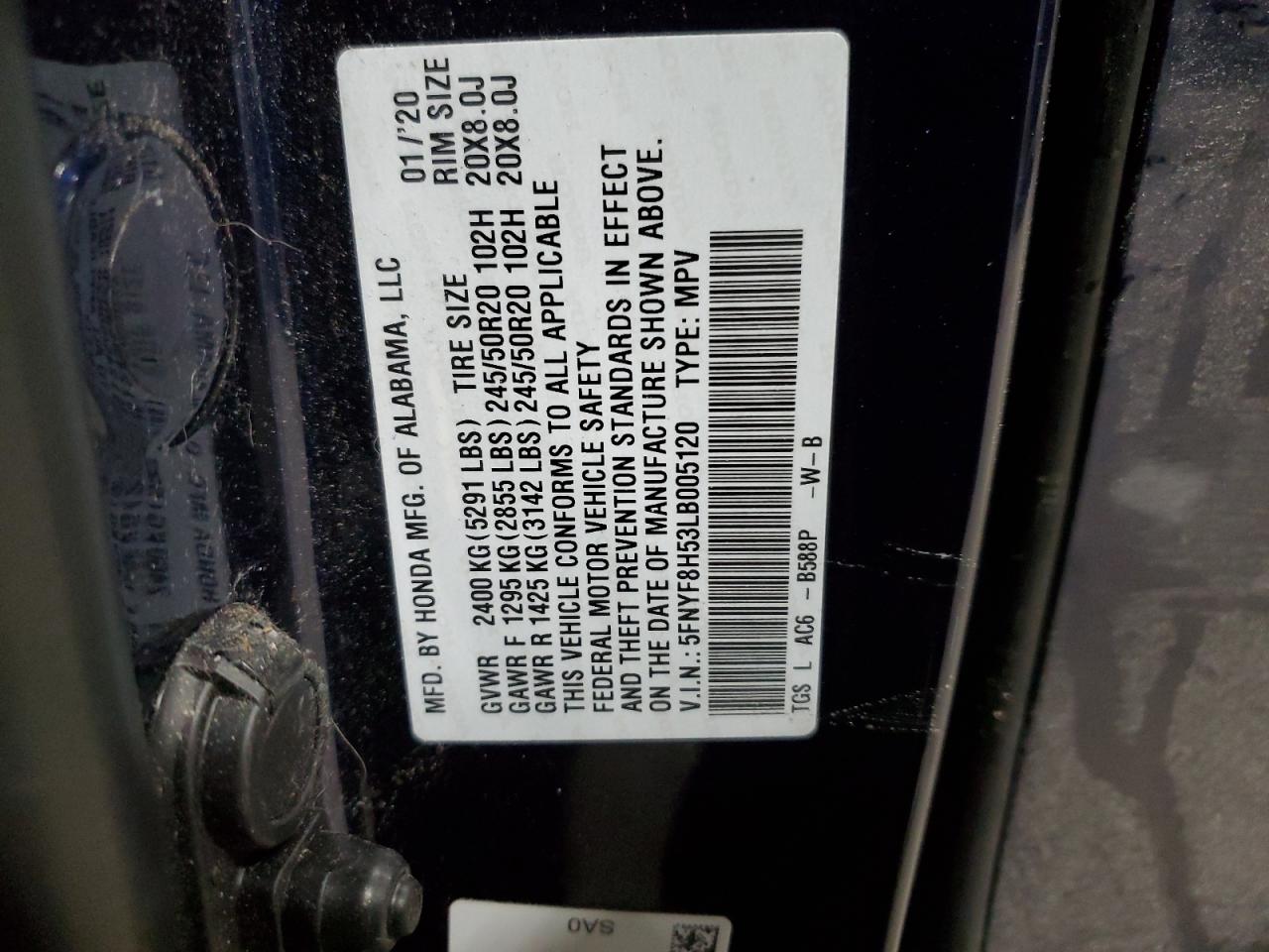 5fnyf8h53lb005120 5FNYF8H53LB005120 2020 Honda Passport Exl