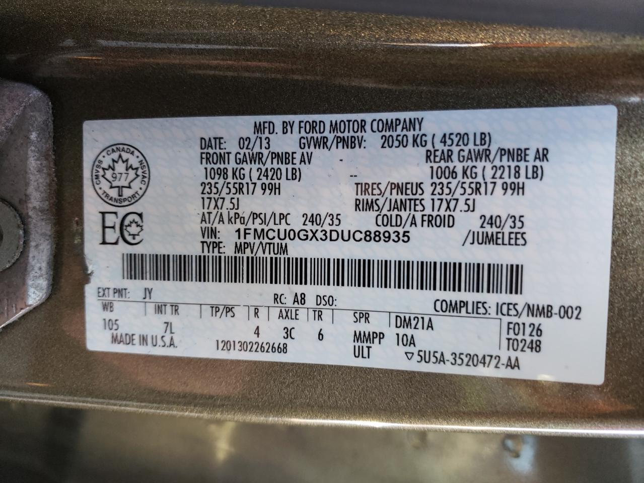 1FMCU0GX3DUC88935 2013 Ford Escape Se