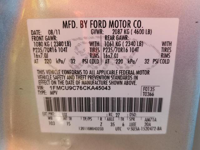 1FMCU9C76CKA45043 | 2012 Ford escape xls