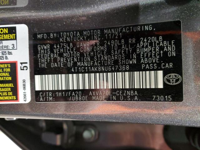 4T1C11AK8NU647368 | 2022 TOYOTA CAMRY LE