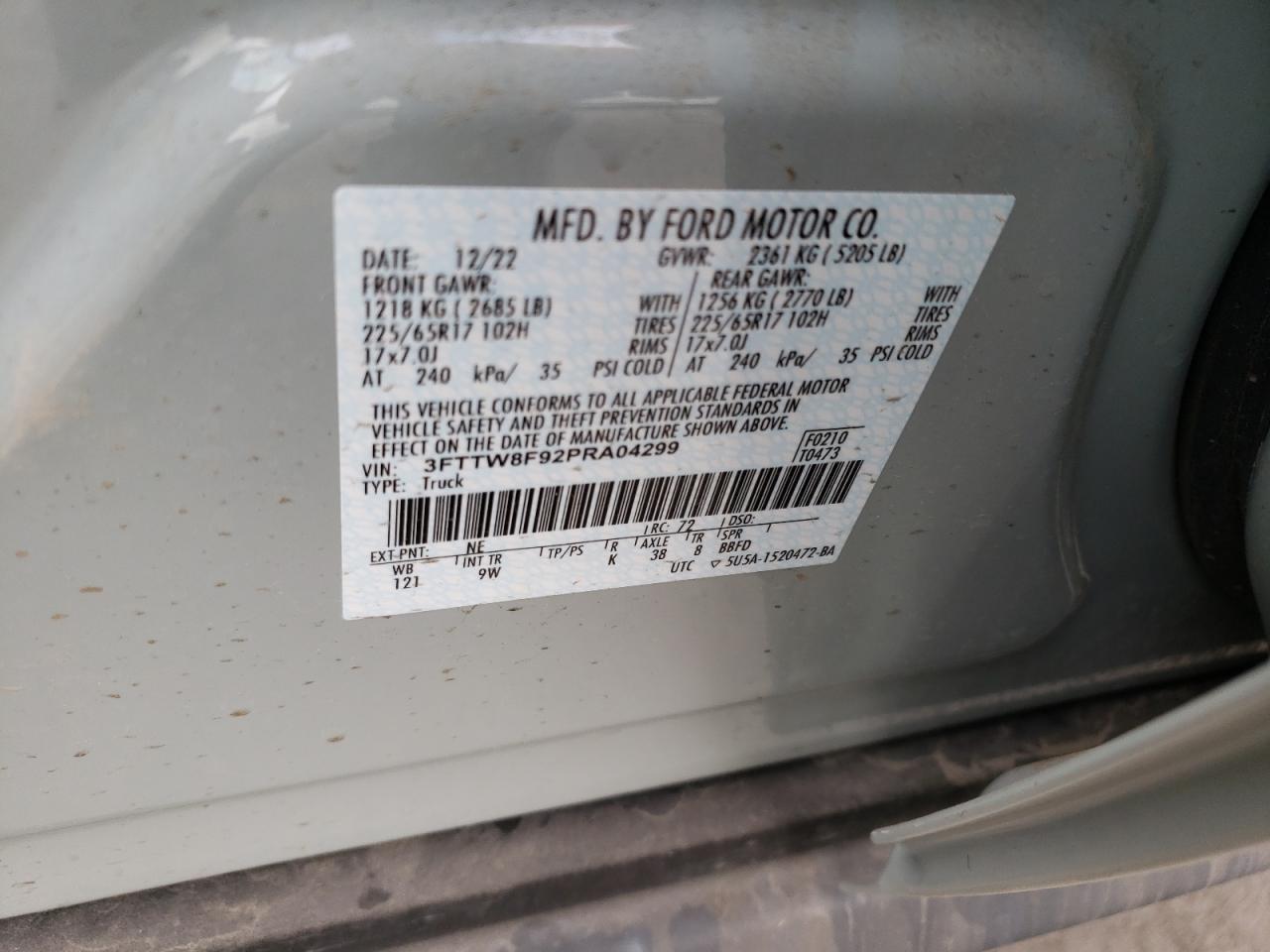 VIN: 3FTTW8F92PRA04299 2023 FORD MAVERICK