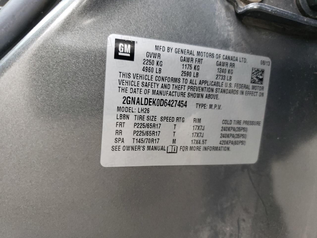 2GNALDEK0D6427454 2013 Chevrolet Equinox Lt