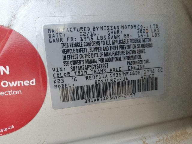 2016 Nissan Sentra S VIN: 3N1AB7AP5GY242997 Lot: 81534523