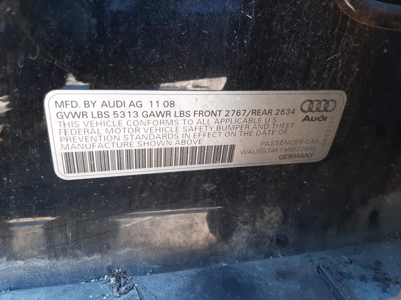 wausg74f19n022646 WAUSG74F19N022646 2009 Audi A6 Premium Plus