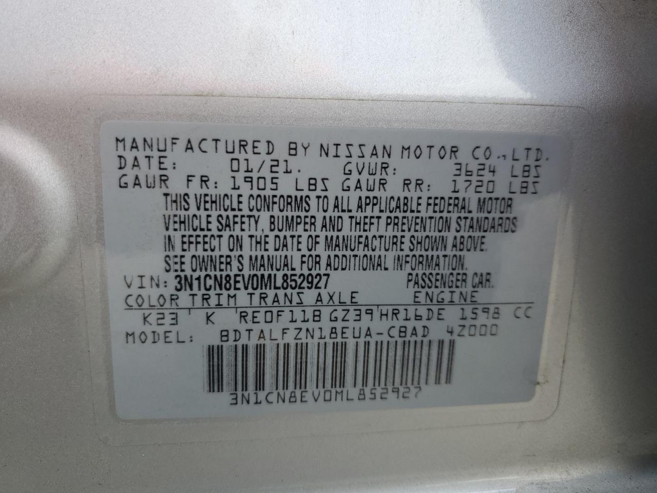 2021 Nissan Versa Sv vin: 3N1CN8EV0ML852927