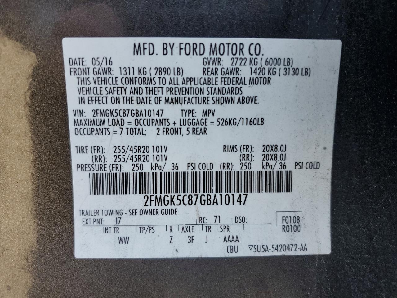 2FMGK5C87GBA10147 2016 Ford Flex Sel