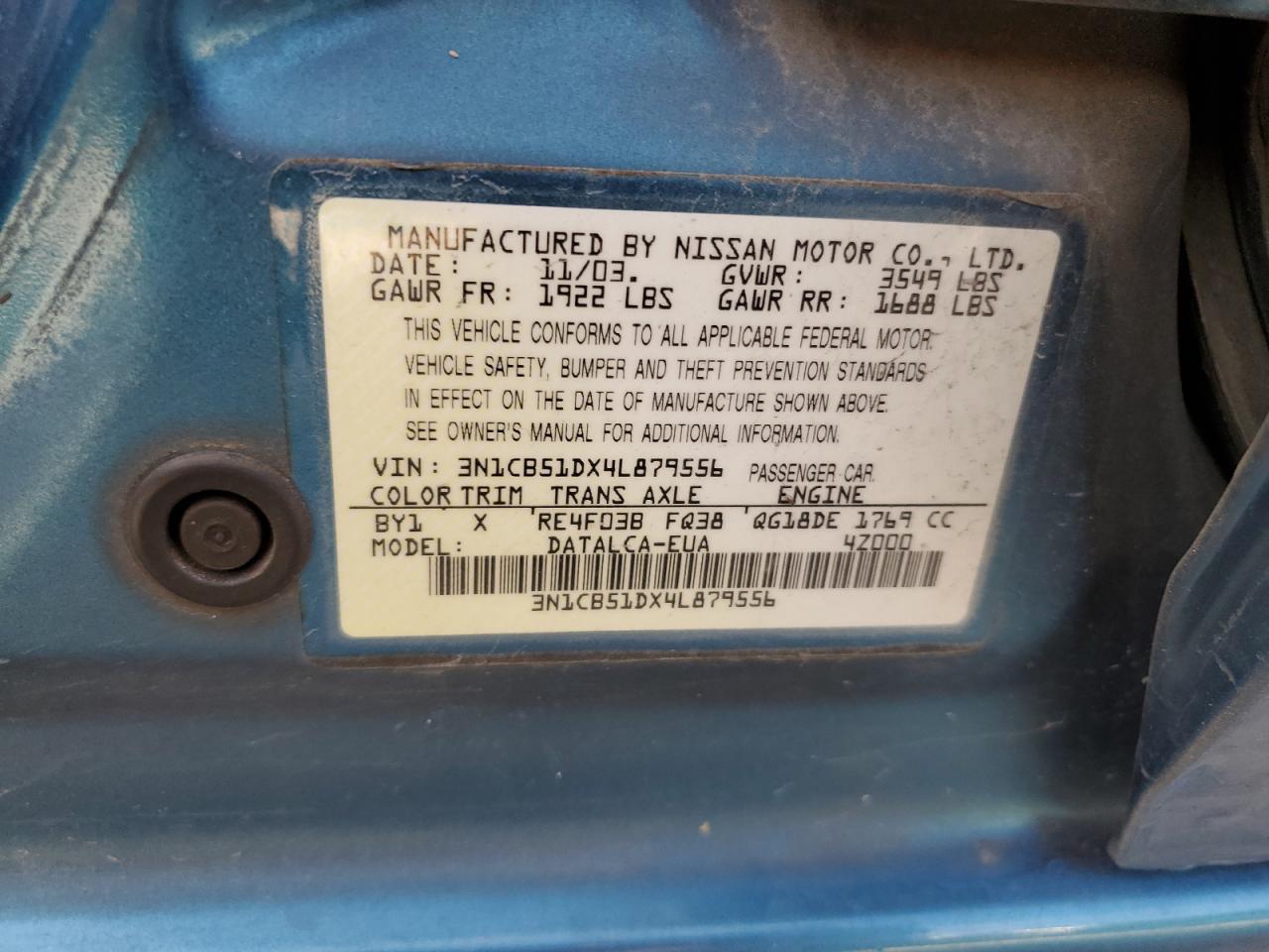 3n1cb51dx4l879556 3N1CB51DX4L879556 2004 Nissan Sentra 1.8