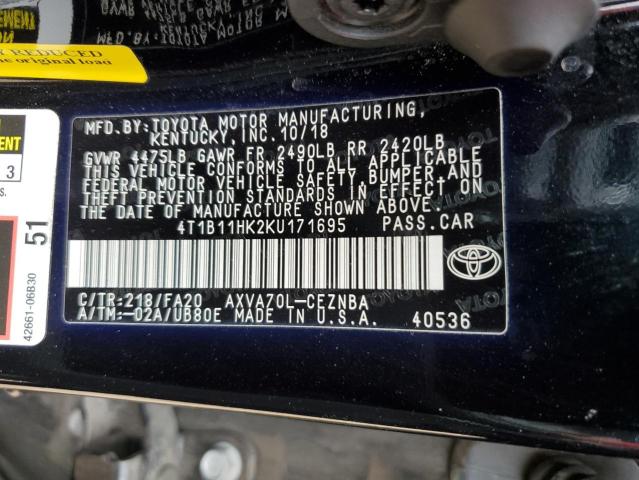 4T1B11HK2KU171695 | 2019 TOYOTA CAMRY L