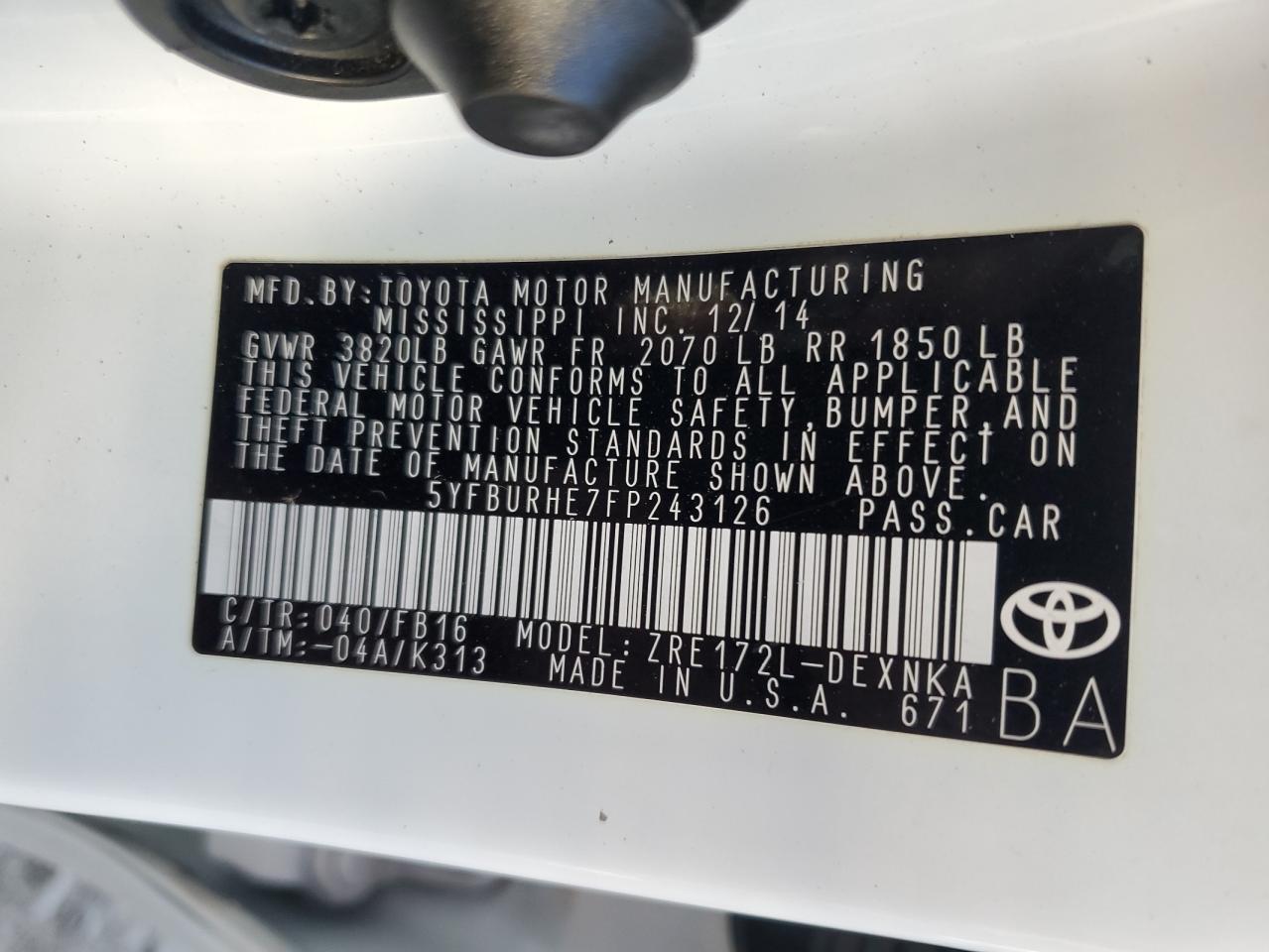 Lot #2508461917 2015 TOYOTA COROLLA L