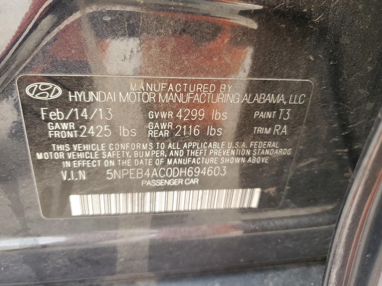 5NPEB4AC0DH694603 2013 Hyundai Sonata Gls