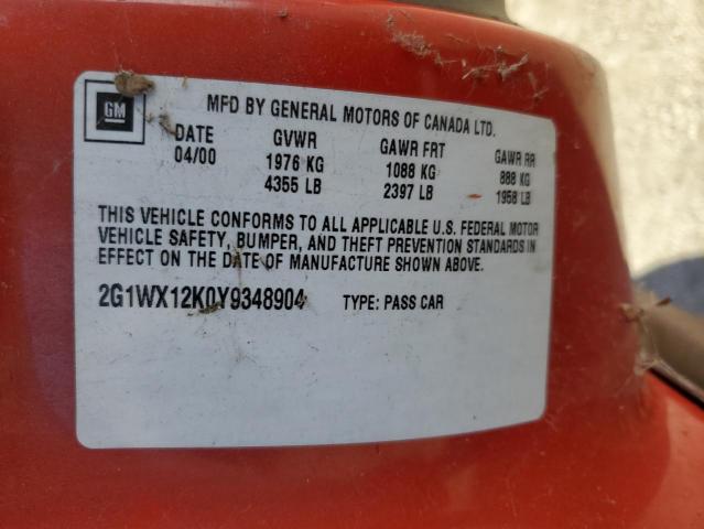2000 Chevrolet Monte Carlo Ss VIN: 2G1WX12K0Y9348904 Lot: 81012713