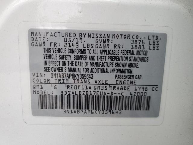 3N1AB7AP6KY359643 | 2019 NISSAN SENTRA S