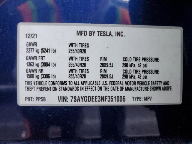 7SAYGDEE3NF351006 | 2022 TESLA MODEL Y