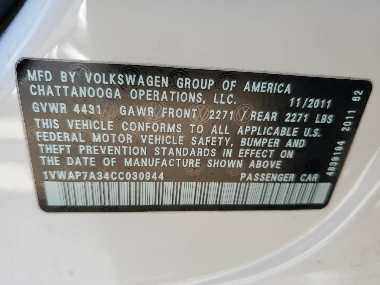 1VWAP7A34CC030944 2012 Volkswagen Passat S