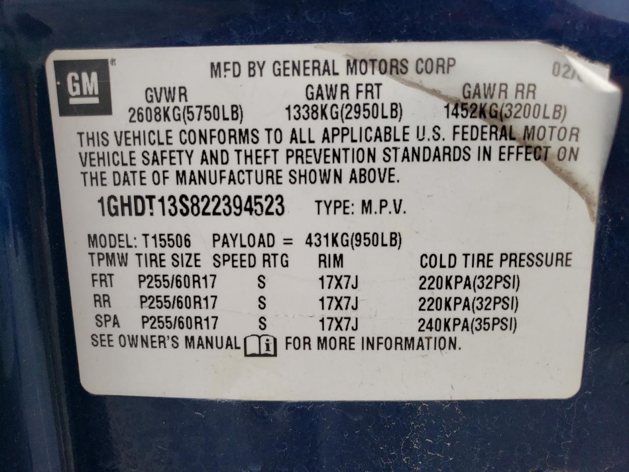 1GHDT13S822394523 2002 Oldsmobile Bravada