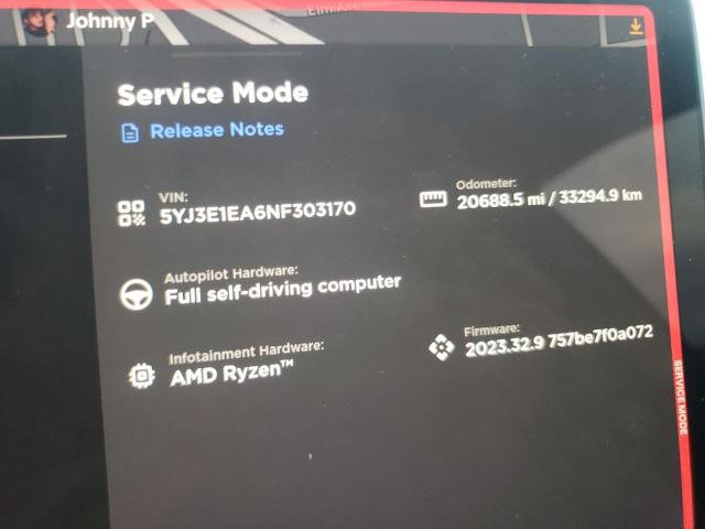 5YJ3E1EA6NF303170 | 2022 TESLA MODEL 3