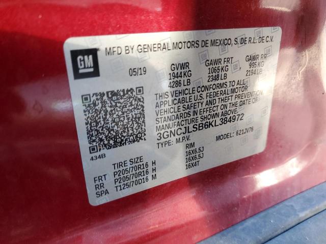 3GNCJLSB6KL384972 | 2019 CHEVROLET TRAX 1LT