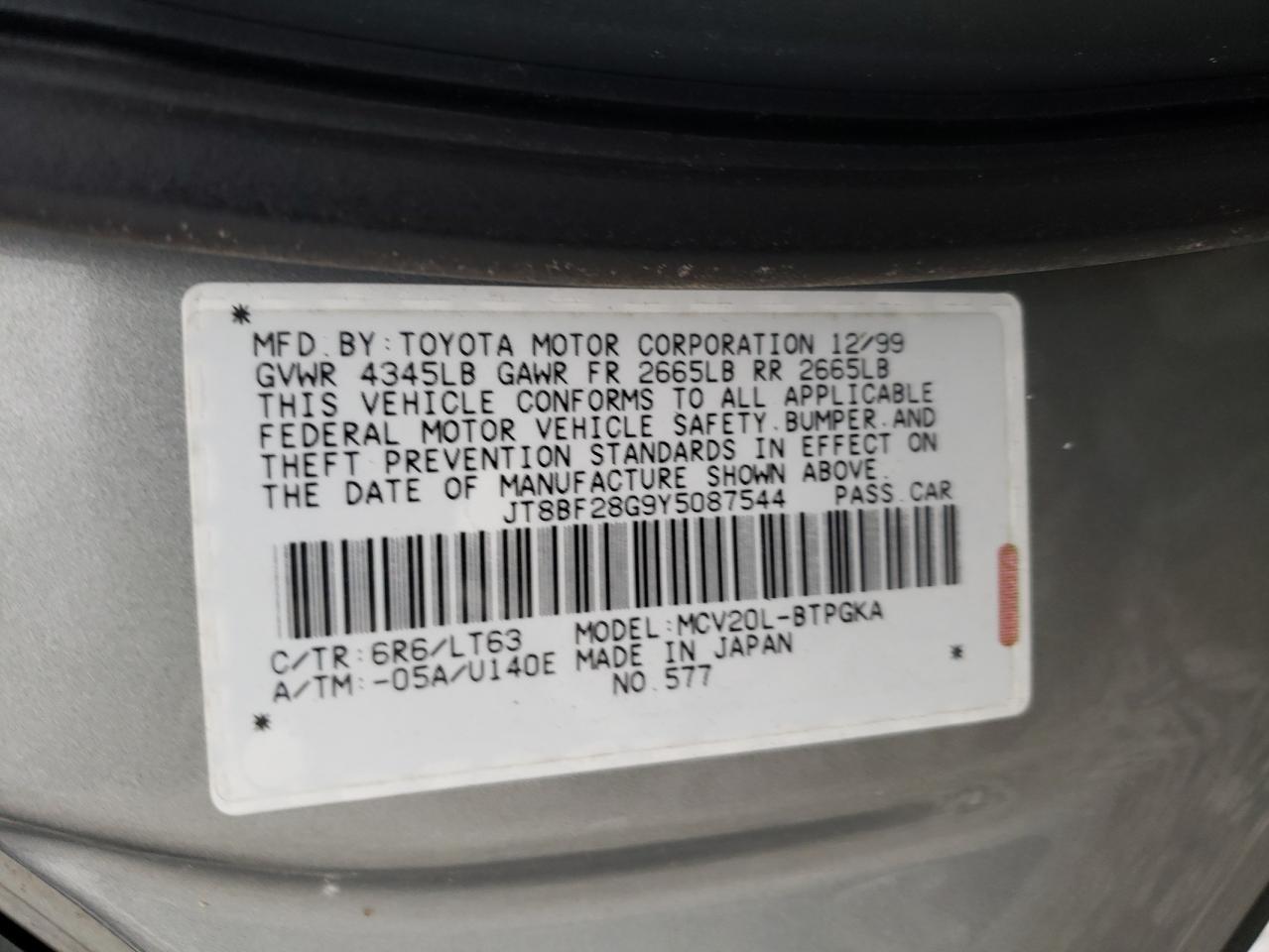 jt8bf28g9y5087544 JT8BF28G9Y5087544 2000 Lexus Es 300