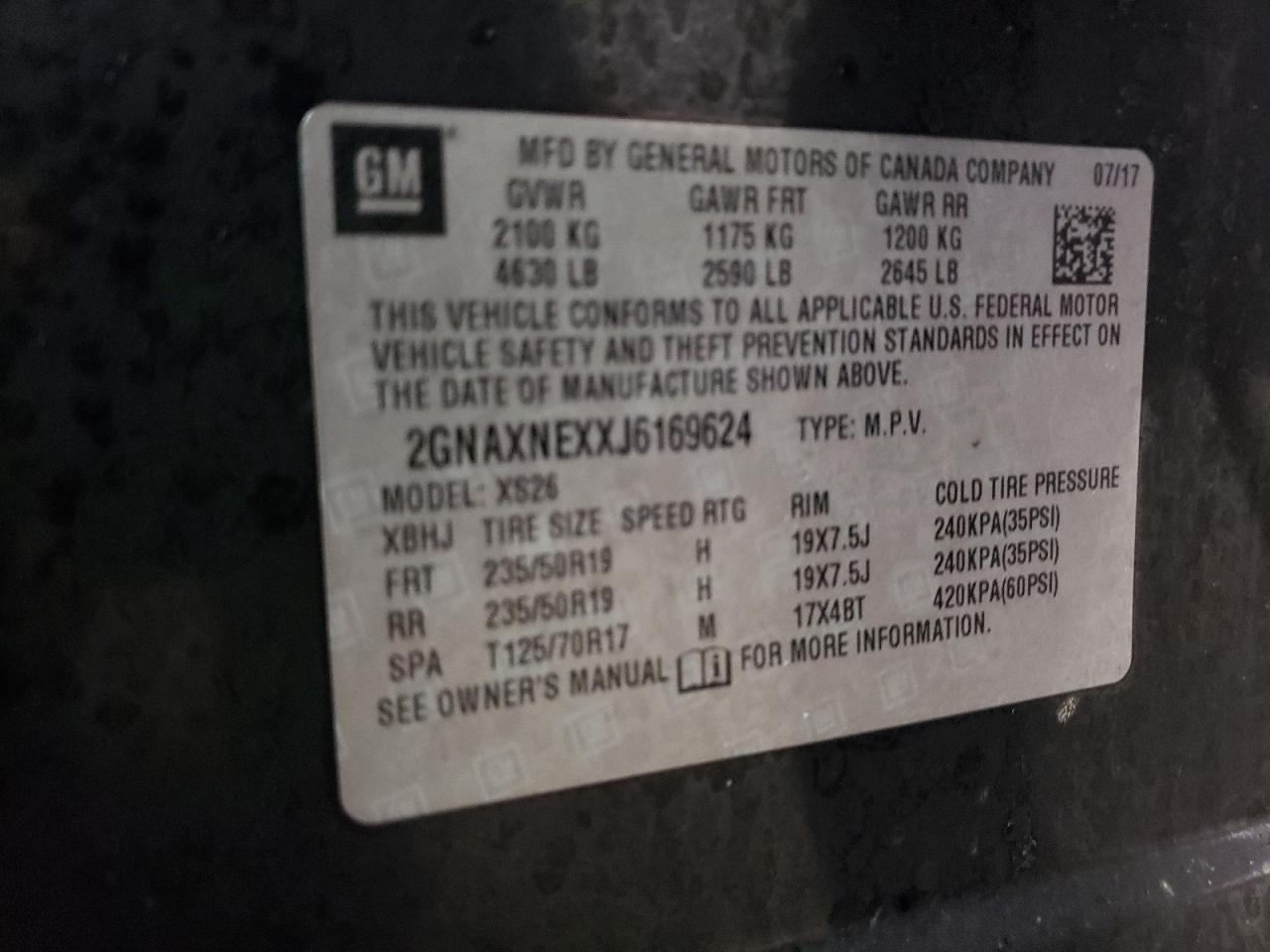 2GNAXNEXXJ6169624 2018 Chevrolet Equinox Premier