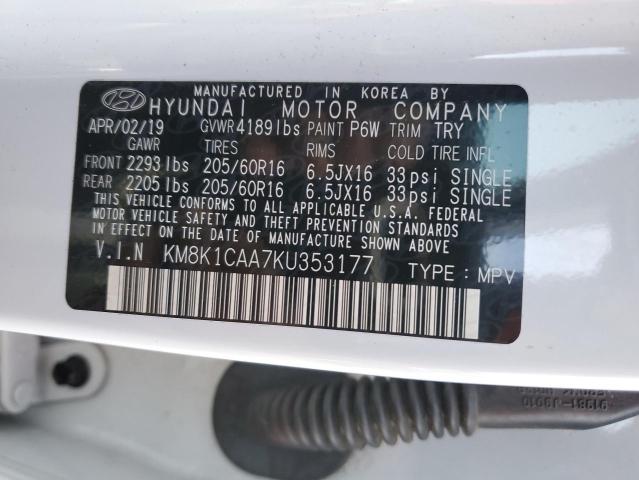 2019 Hyundai Kona Se 2.0L(VIN: KM8K1CAA7KU353177