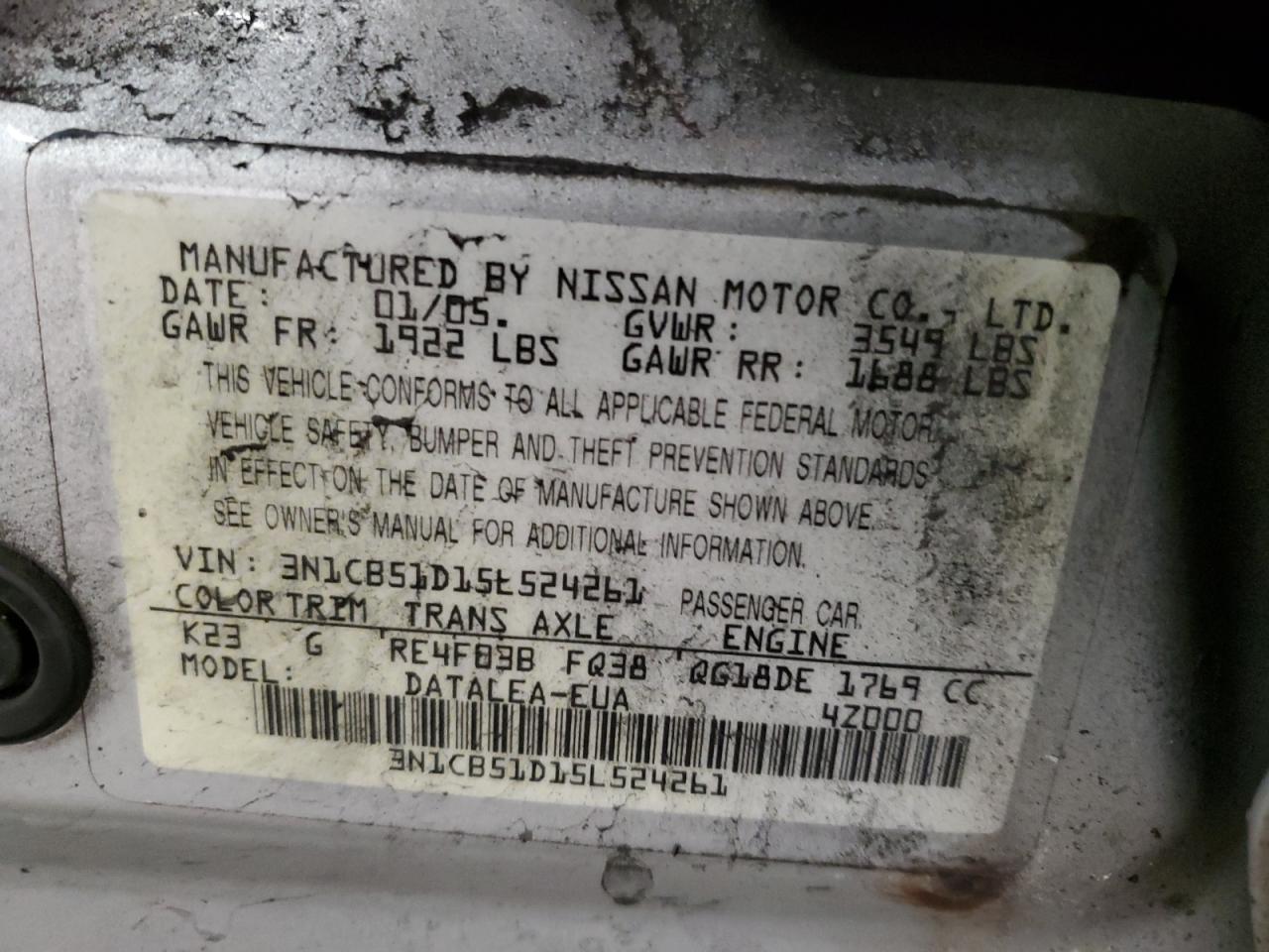 3N1CB51D15L524261 2005 Nissan Sentra 1.8