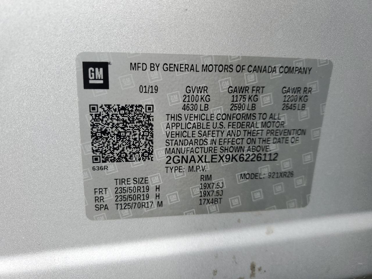 2GNAXLEX9K6226112 2019 Chevrolet Equinox Lt