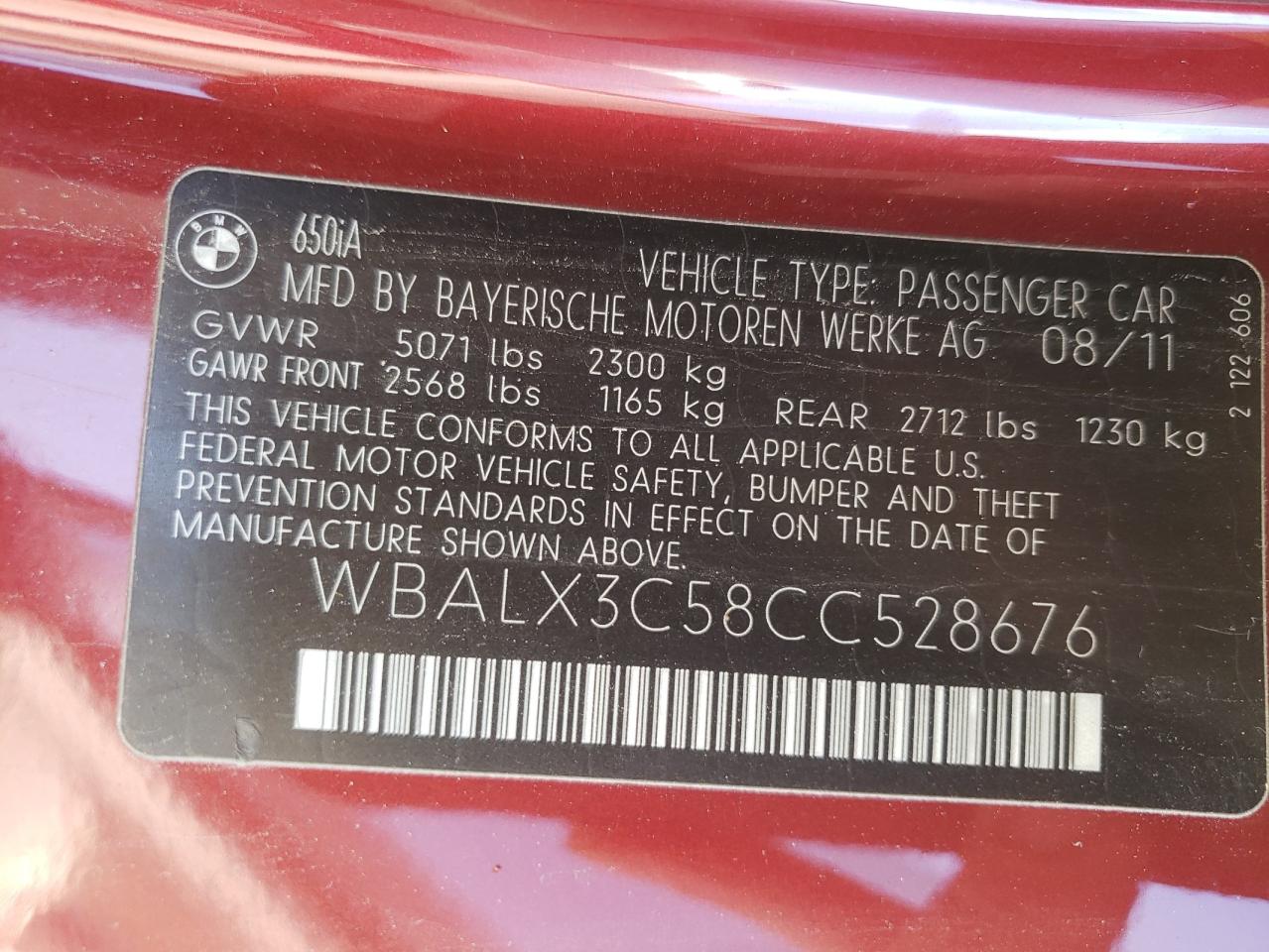 wbalx3c58cc528676 WBALX3C58CC528676 2012 BMW 650 I