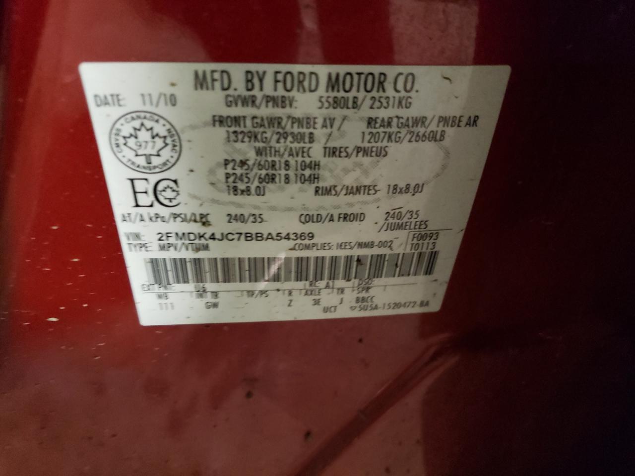 2FMDK4JC7BBA54369 2011 Ford Edge Sel