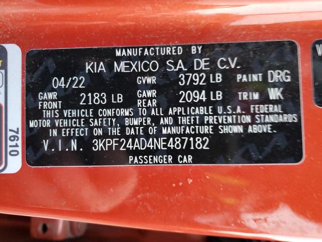 3KPF24AD4NE487182 | 2022 KIA FORTE FE