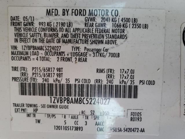 2012 Ford Mustang VIN: 1ZVBP8AM8C5224027 Lot: 54447004
