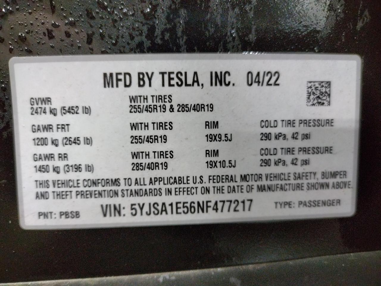 5YJSA1E56NF477217 2022 Tesla Model S