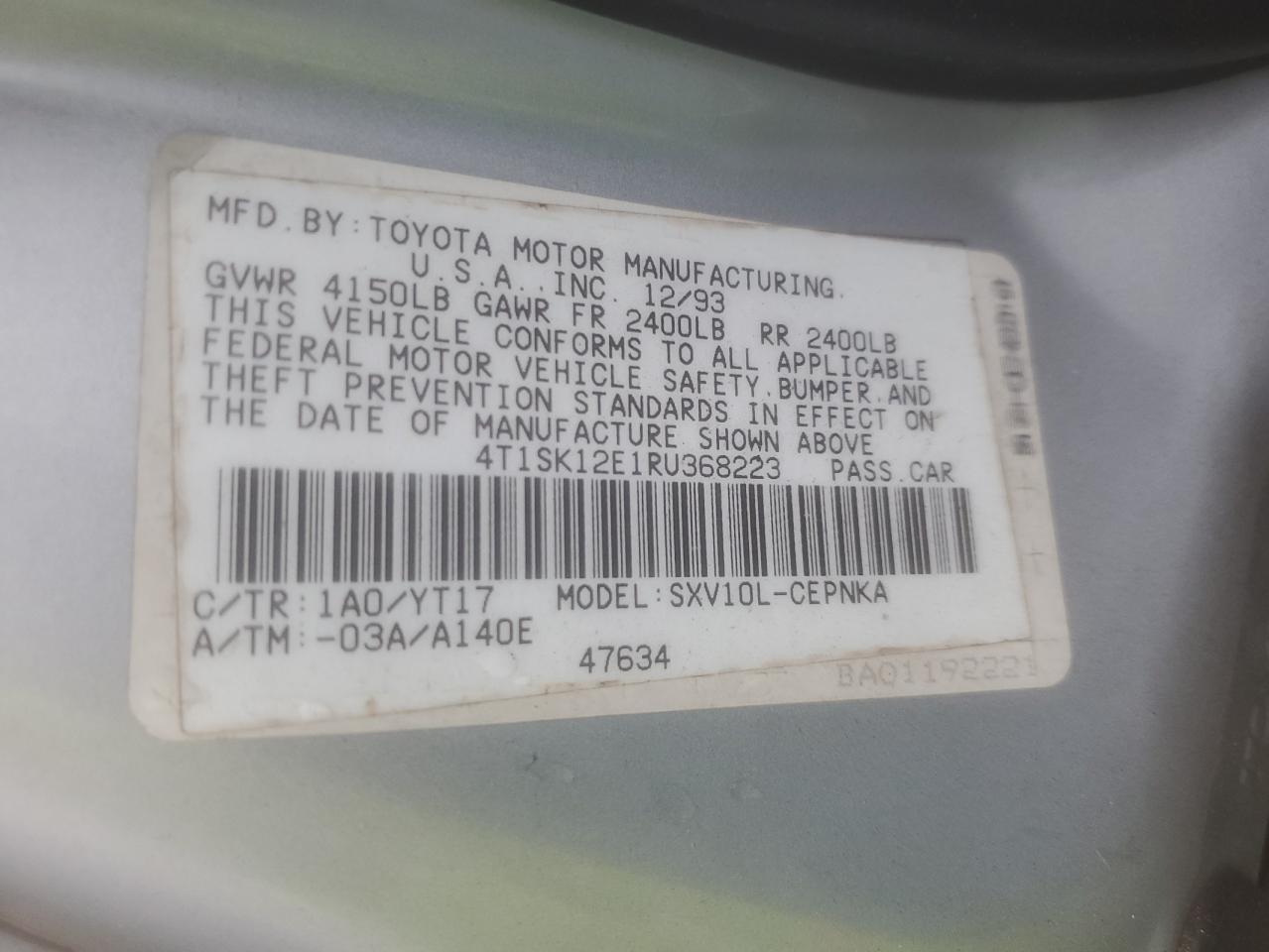 4T1SK12E1RU368223 1994 Toyota Camry Le