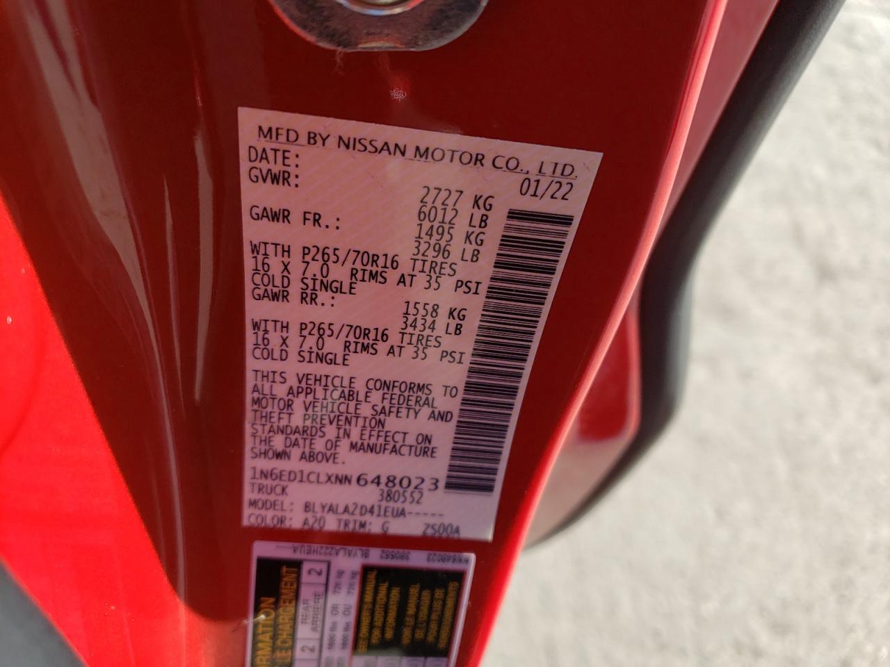 VIN: 1N6ED1CLXNN648023 2022 NISSAN FRONTIER