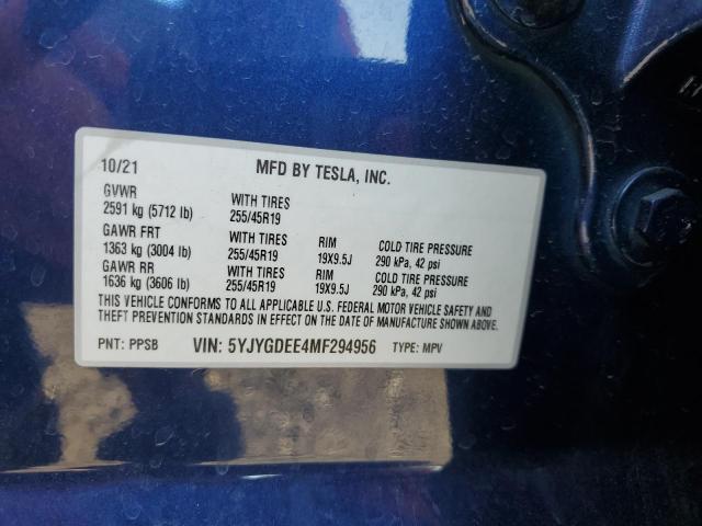 5YJYGDEE4MF294956 | 2021 TESLA MODEL Y