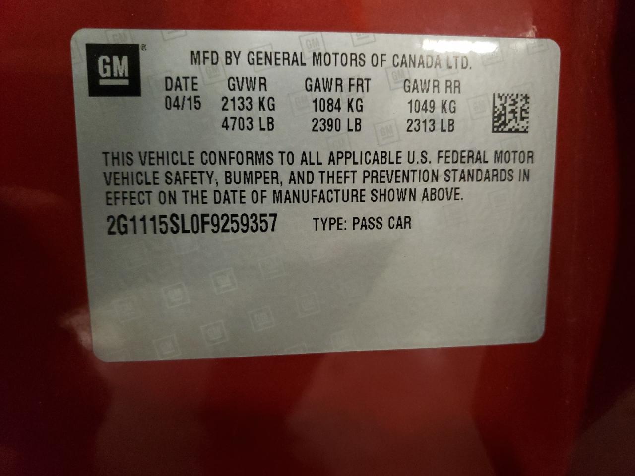 2G1115SL0F9259357 2015 Chevrolet Impala Lt