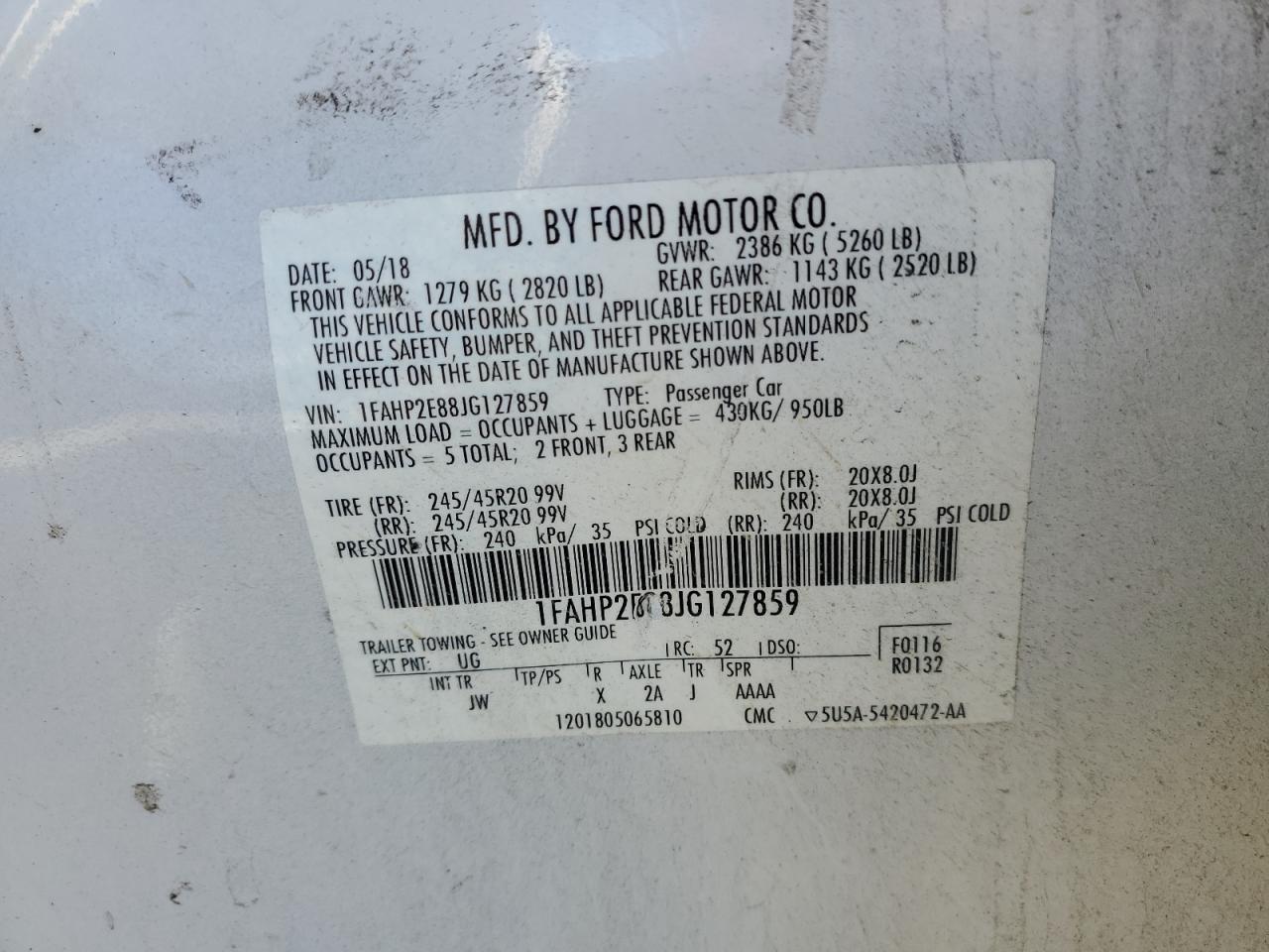 1FAHP2E88JG127859 2018 Ford Taurus Sel