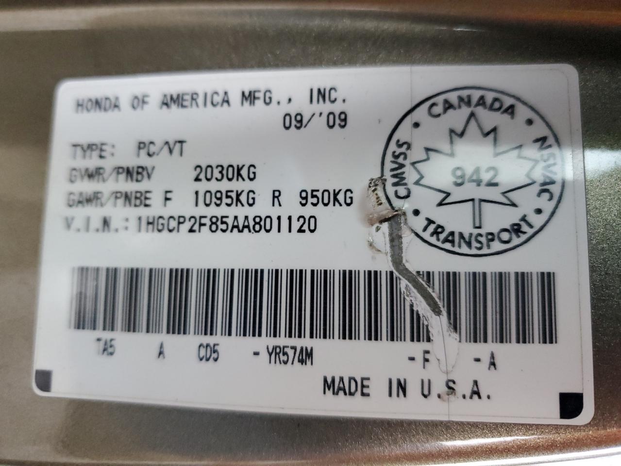 1HGCP2F85AA801120 2010 Honda Accord Exl