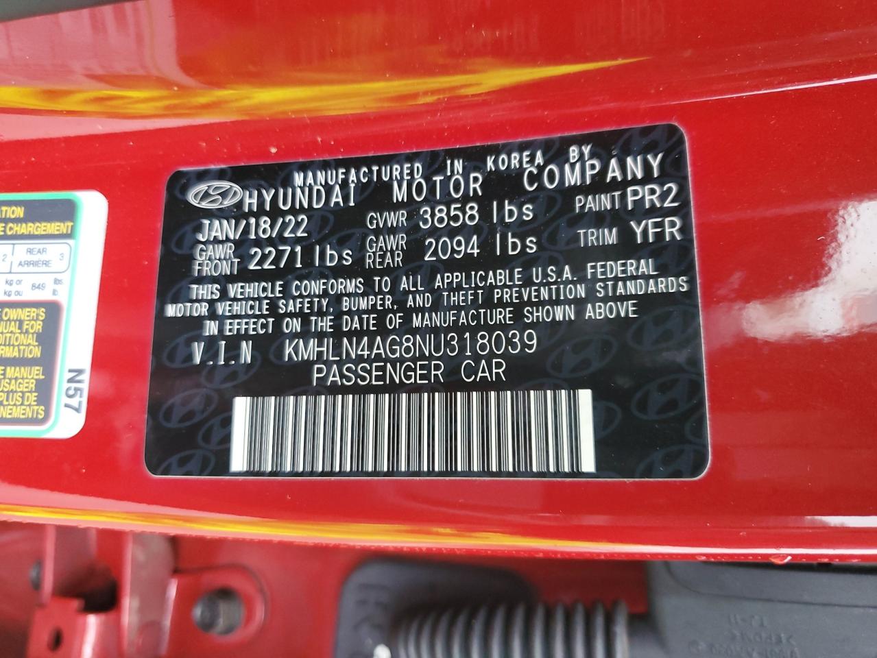 KMHLN4AG8NU318039 2022 Hyundai Elantra Sel