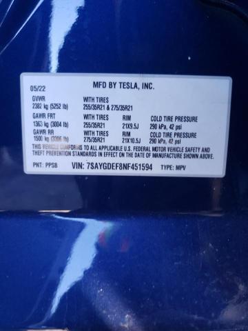 7SAYGDEF8NF451594 | 2022 TESLA MODEL Y