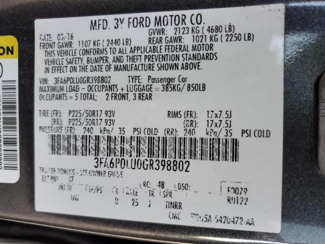 3FA6P0LU0GR398802 | 2016 FORD FUSION SE