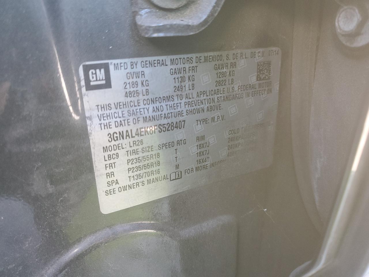 3gnal4ek8fs528407 3GNAL4EK8FS528407 2015 Chevrolet Captiva Ltz