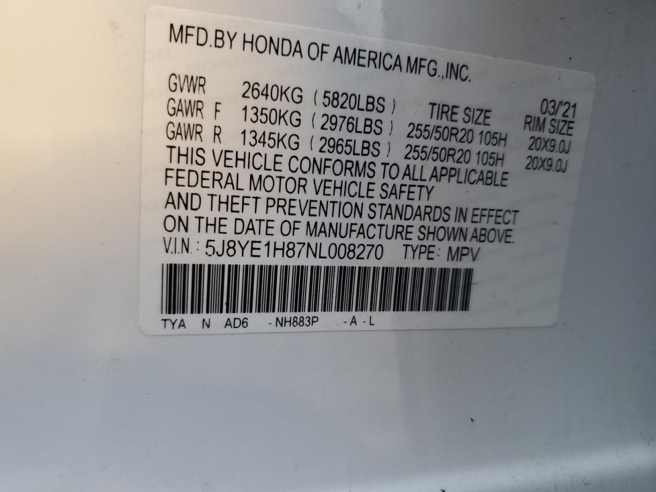 5J8YE1H87NL008270 2022 Acura Mdx Advance