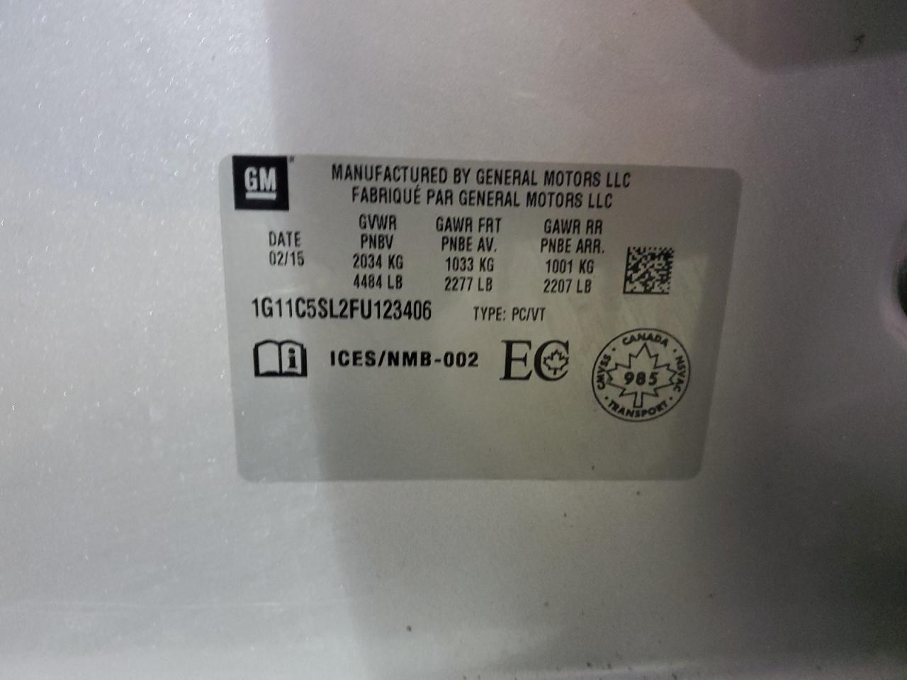 2015 Chevrolet Malibu 1Lt vin: 1G11C5SL2FU123406