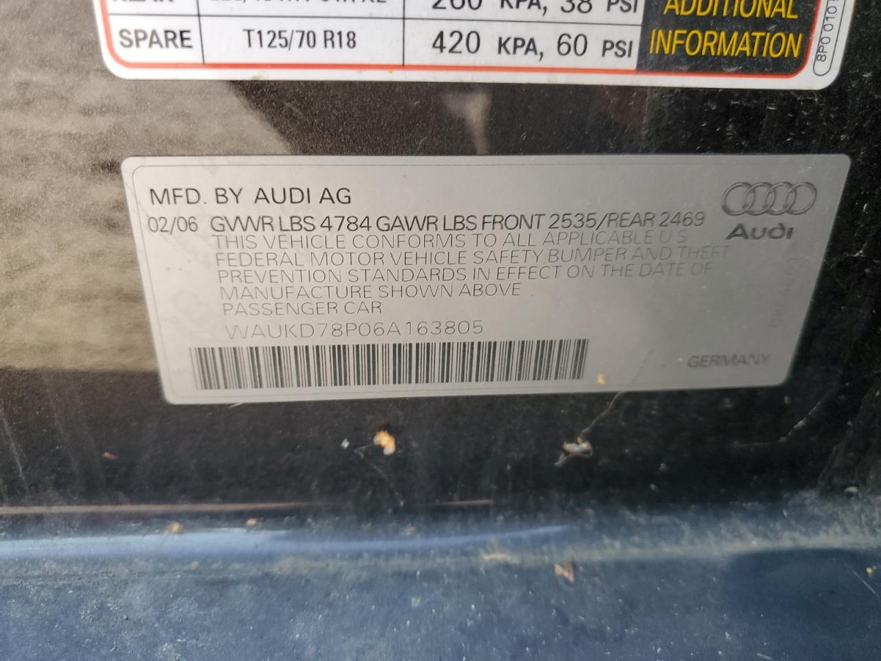 waukd78p06a163805 WAUKD78P06A163805 2006 Audi A3 S-Line 3.2 Quattro
