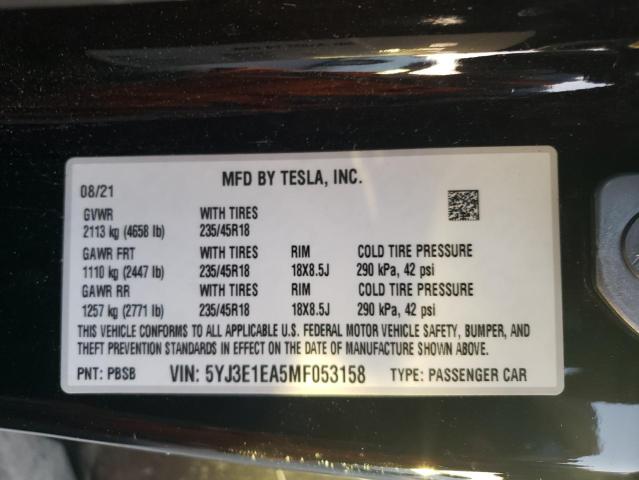 5YJ3E1EA5MF053158 | 2021 TESLA MODEL 3