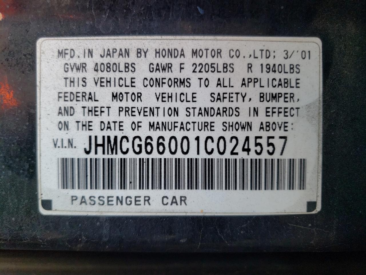 JHMCG66001C024557 2001 Honda Accord Ex