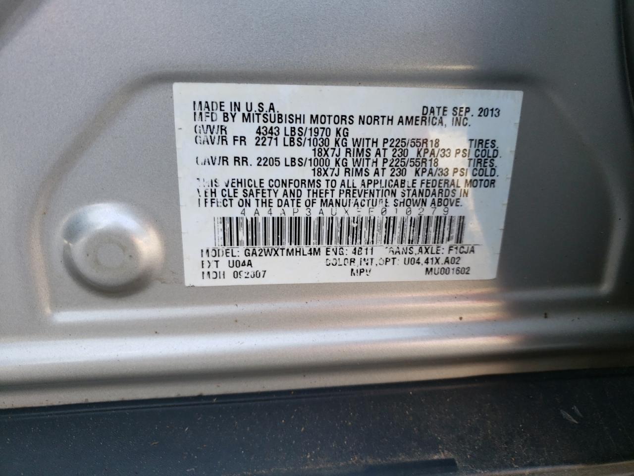 4a4ap3auxee010279 4A4AP3AUXEE010279 2014 Mitsubishi Outlander Sport Es