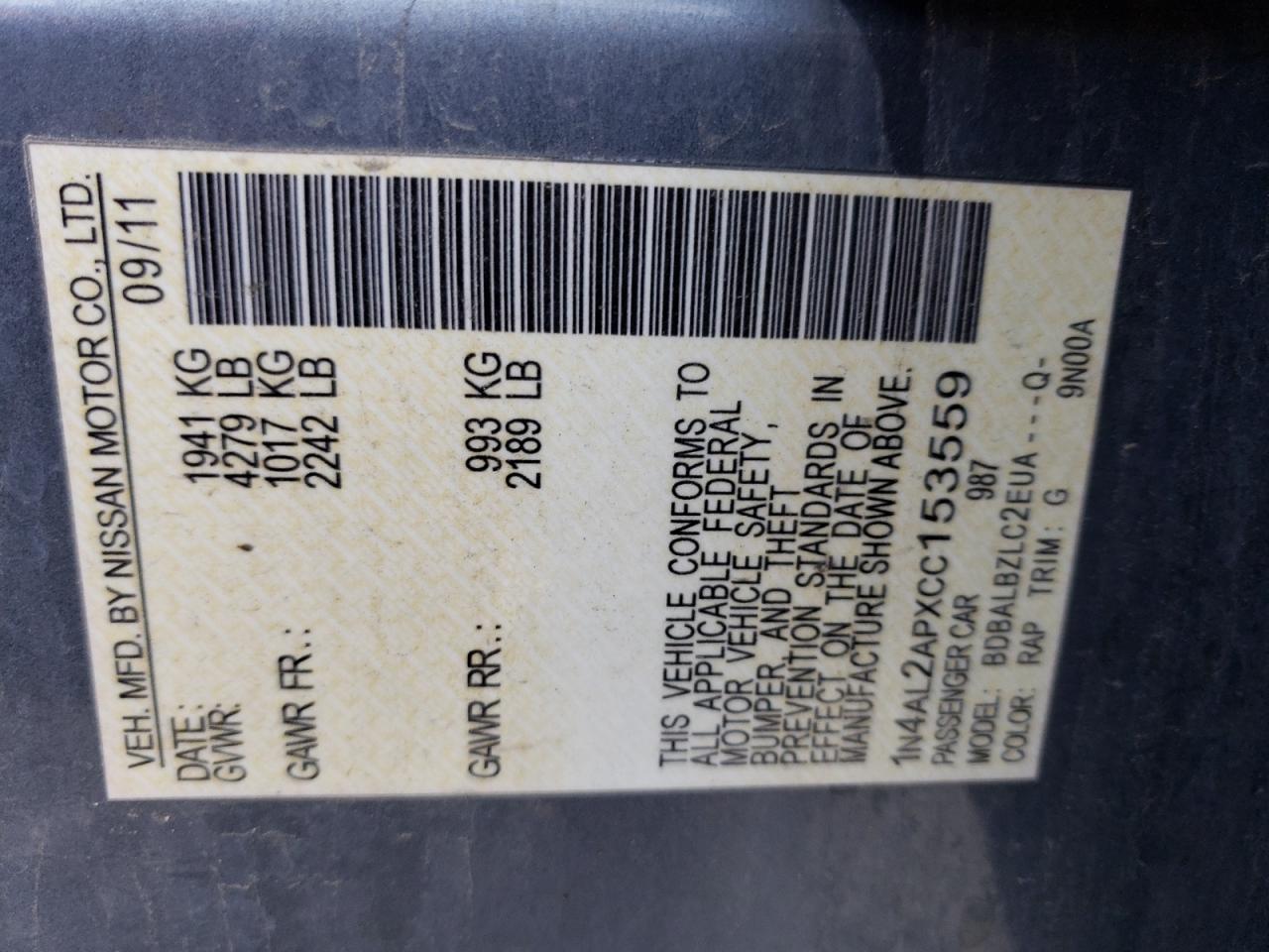 2012 Nissan Altima Base vin: 1N4AL2APXCC153559