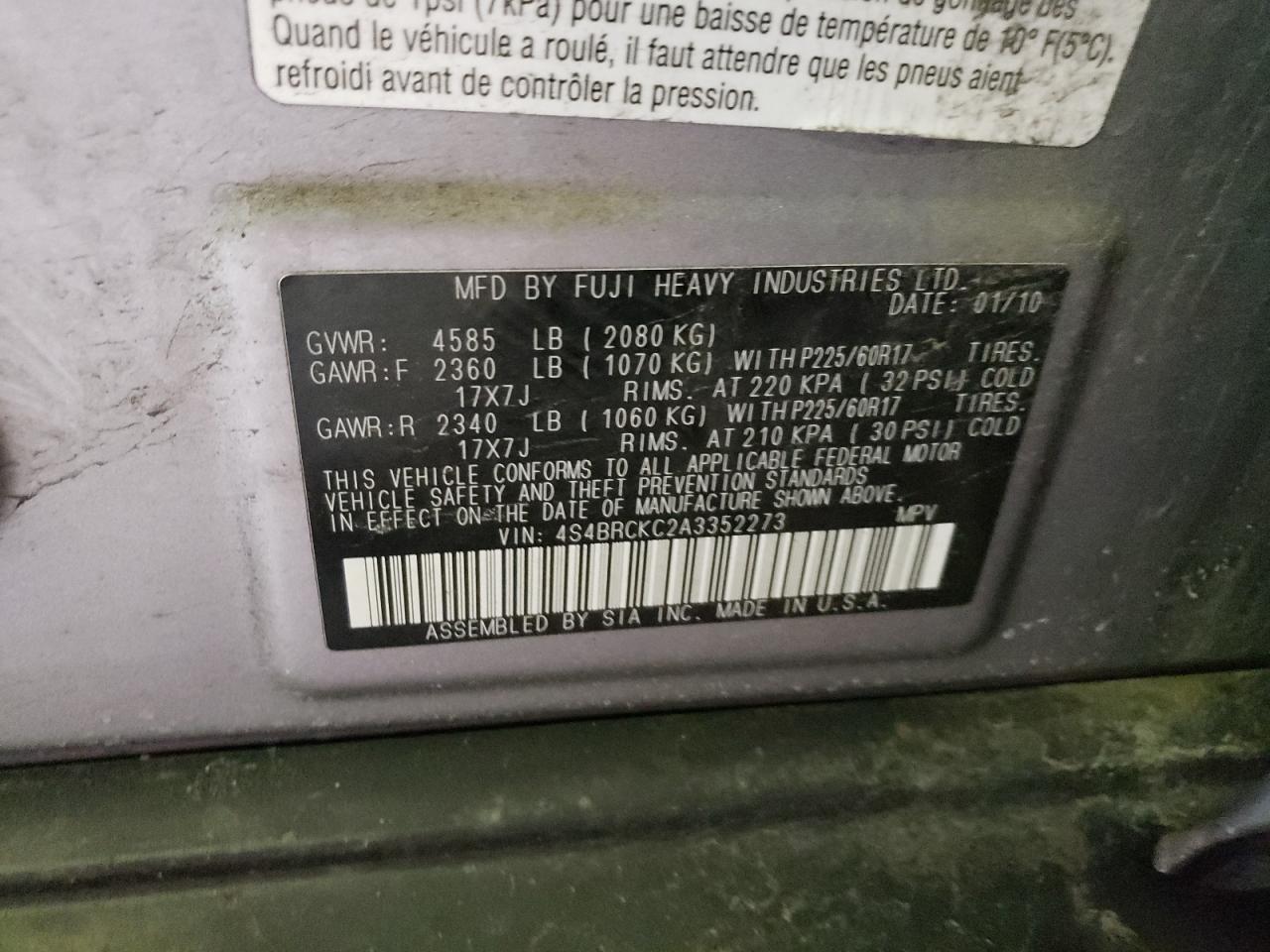 4s4brckc2a3352273 4S4BRCKC2A3352273 2010 Subaru Outback 2.5I Limited